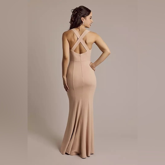 David’s Bridal Crepe V-Neck Cross-Back Mermaid Dress steel blue - Picture 2 of 5